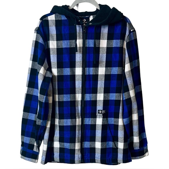 Converse Mens Full Zip Long Sleeve Hoodie Plaid Blue & Black Sz L - Picture 1 of 5